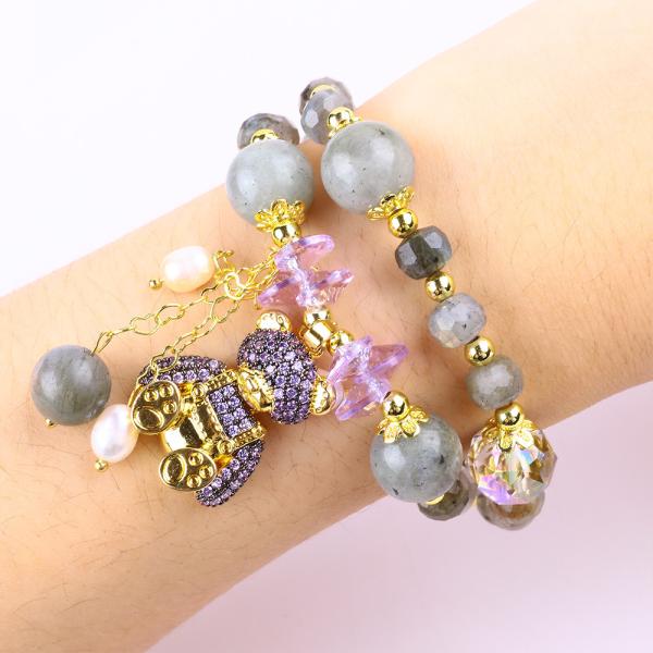 Multifacted 7MM Labradorite And Fresh Water Pearl Handmade Gemstone Purple Bear Charm Bead Bracelet