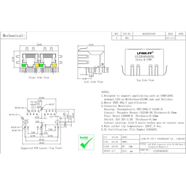 Основание-T G/Y порта 10/100 JXR8-1001NL 1x2 привело соединитель ICM Джек RJ45 сети порта Lan локальных сетей