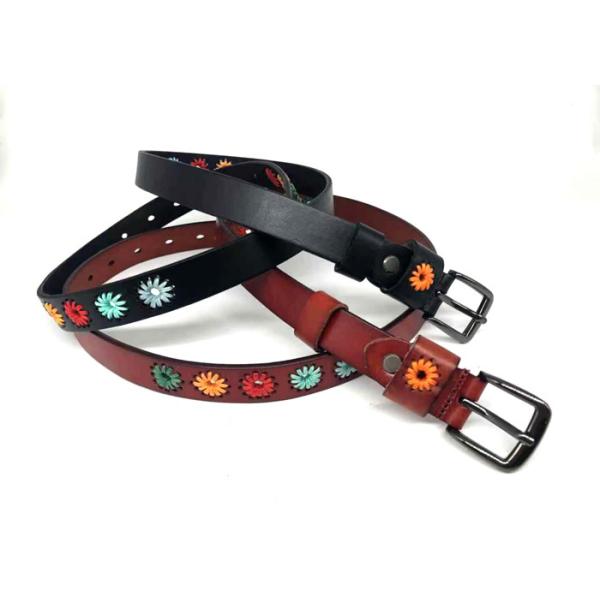 Retro Embroidered 23mm Cowhide Women Leather Belt Alloy Buckle