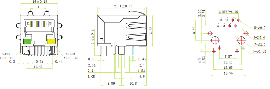 ARJC02-111006E Rj45 с краном трансформатора Magnetics вниз с СИД 10/100B