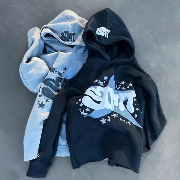 Puff Print Jacket Fleece Cotton Cropped Cut Edge Raw Hem Puff Printing Hoodie Men