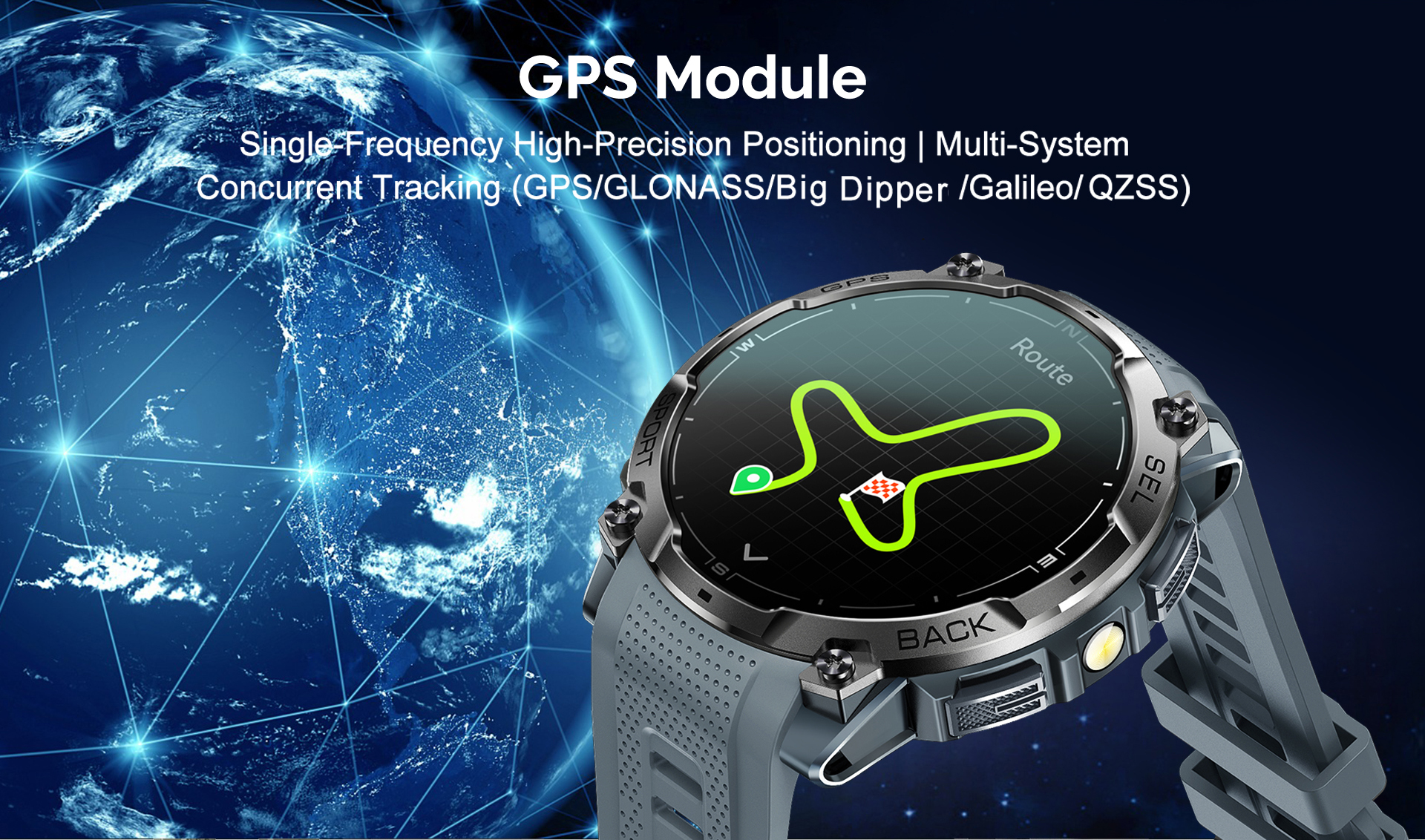 New K76A Android Smart Watch GPS AMOLED Display Chip ATS3085L 3ATM BT Call Answer Calls Message Push Compass LED Flashlight 5-10