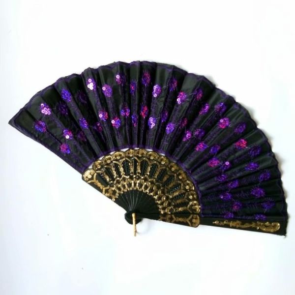 Hot Selling Foldable Hand Held Fan Black Plastic Embroidery Sequin Hand Fan