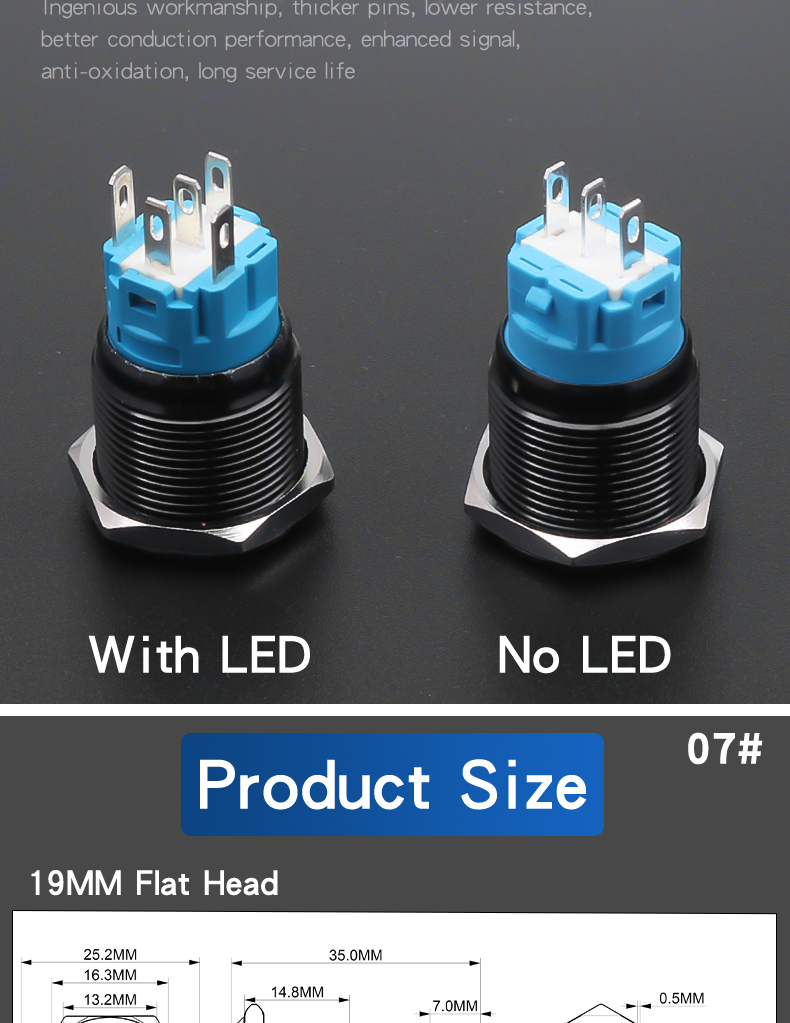 19mm Metal Push Button Switch 1NO1NC Oxidized Black Shell Waterproof Momentary Latching Button Switch High/Flat Head Ring-LED