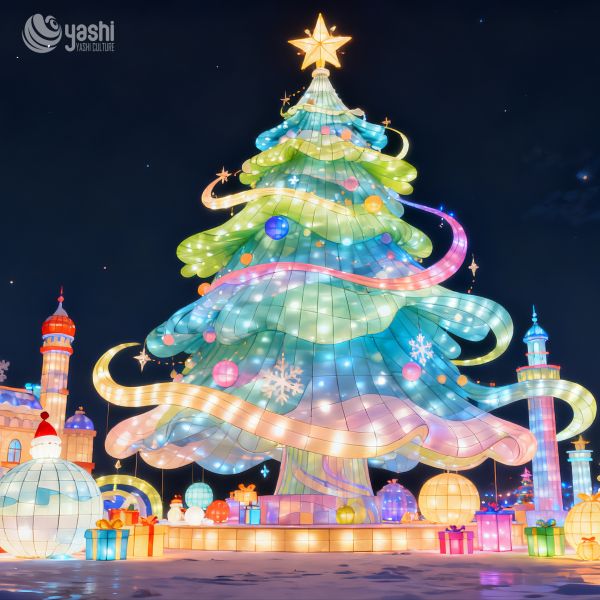 Custom Gradient Yellow Blue Giant Christmas Tree Lantern, Outdoor Waterproof LED Ribbon Christmas Tree Light Sculpture for Holiday Light Festival