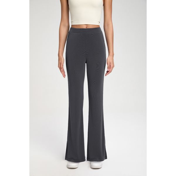 Women's Taupe High Waisted Flare Yoga Pants Soft Stretch Side Slit with Pockets