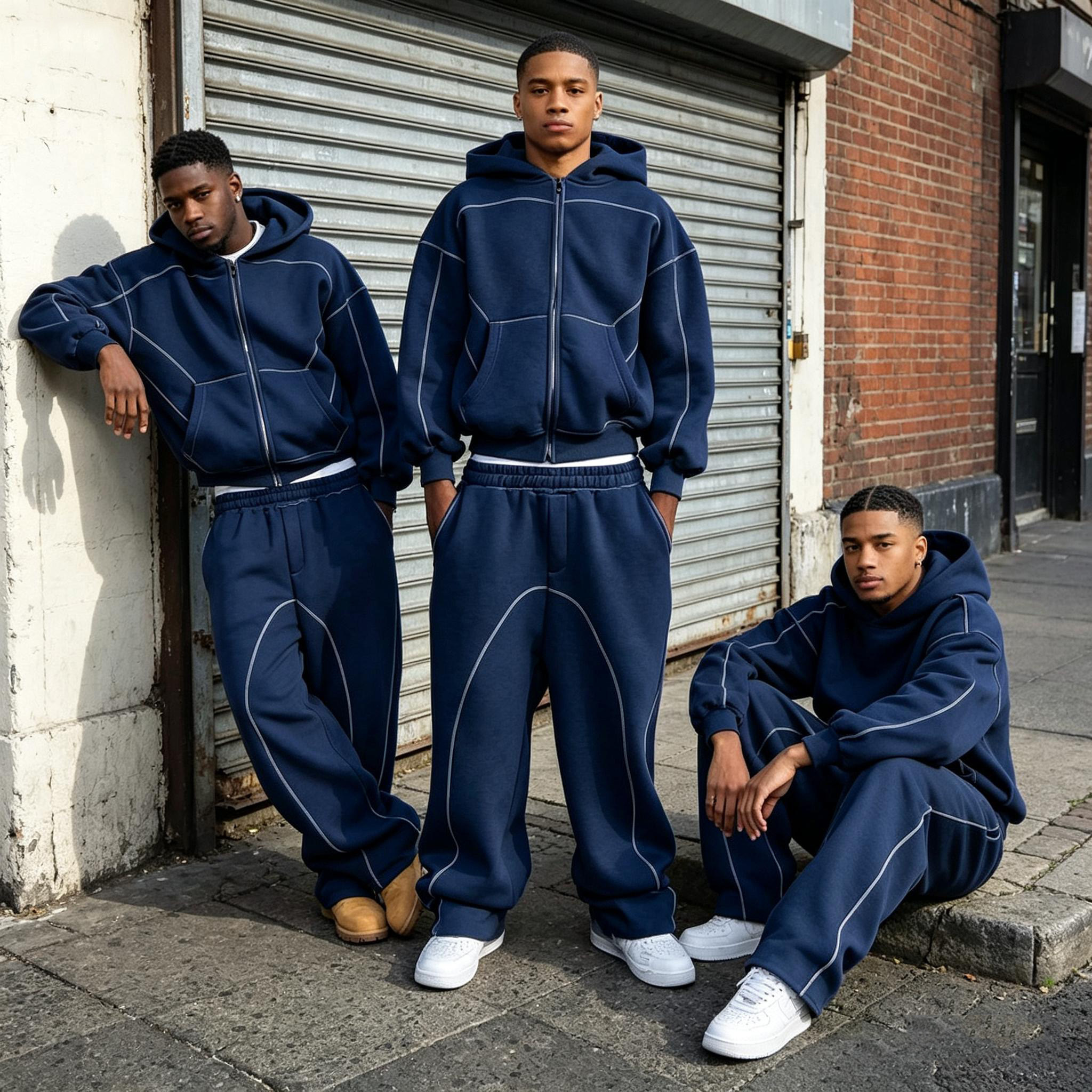 Clothing Manufacturer Custom High Quality Tracksuit Loose Vintage Zip Spliced Reflective Strip Wide Leg Street Tracksuit Unisex