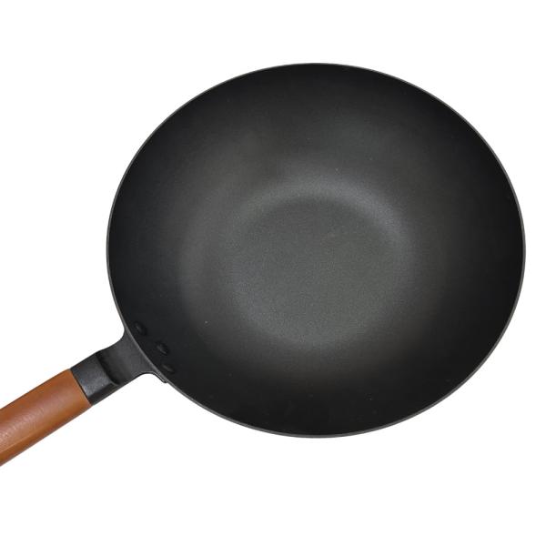 Punho de madeira de Pan Chinese Wok Pan With do ferro fundido resistente de 14 polegadas e tampa de vidro