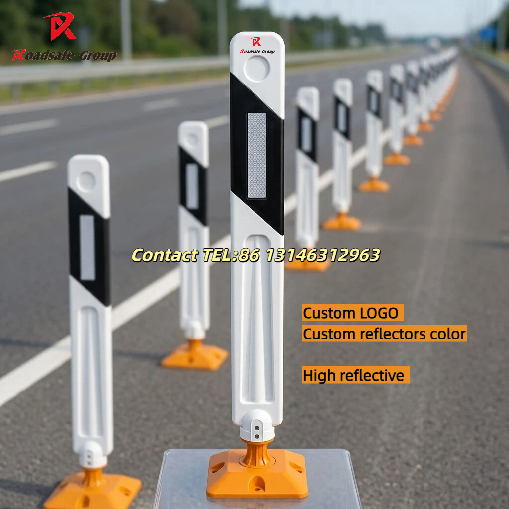 TRAFFIC Reflective Road Bollards 1000mm PVC White Bollard Yellow Base Traffic Flexible Post Warning Post Delineator