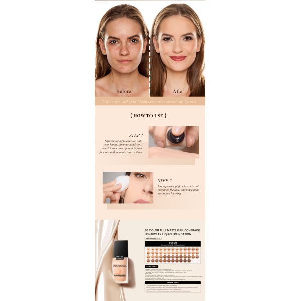 Customizable 24H Matte Long-Lasting Makeup Foundation Liquid 50 Colors Oil Control Sweat Proof Concealer Friendly Mask