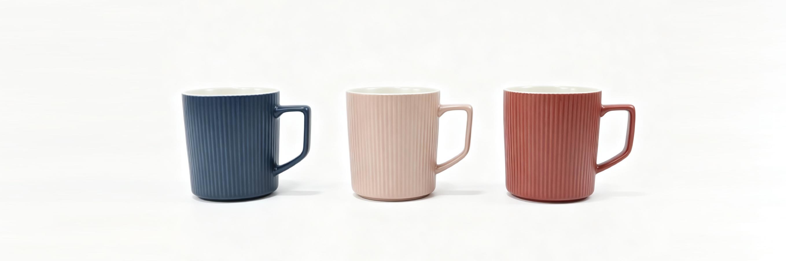 Ribbed Ceramic Mug Set of 3, Navy Pink Terracotta Fluted Coffee Cups with Square Handle