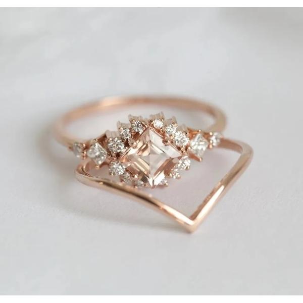 925 Sterling Silver Fascination Pretty Rose Gold Plated Fine Sparkling Morganite Halo Ring Set