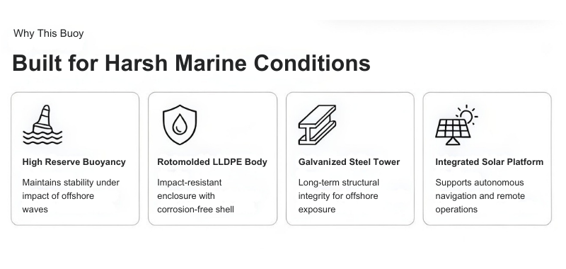 Heavy-duty Ø2600 offshore navigation buoy with 6000kg buoyancy, galvanized steel tower, LLDPE float body and SC160 lantern compatibility. OEM options available.