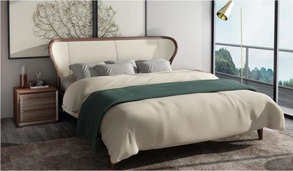 2017 New design Upholstered Bedroom furniture By Italy Leather and Walnut solid wood Headboard in Hotel room
