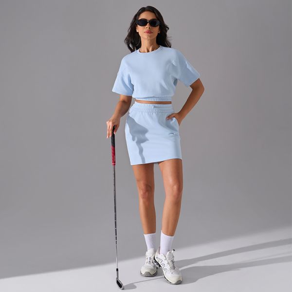 Women's Cotton Blend Sweatshirt Skirt Set Short Sleeve Crop Top with Matching Skirt