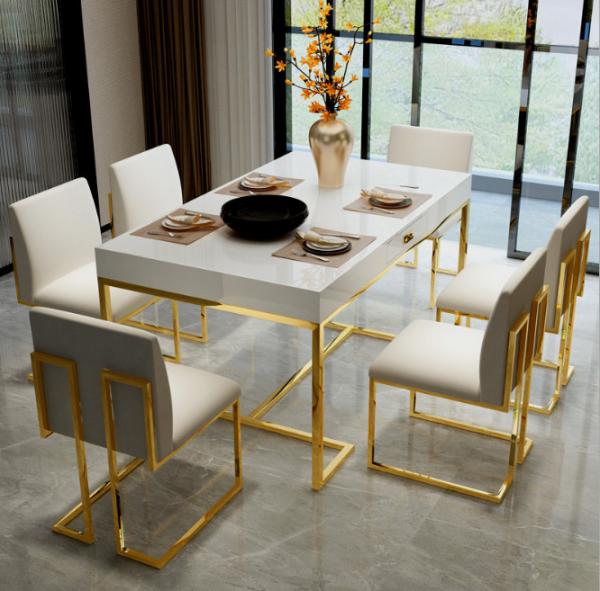 Classic Stainless Steel Frame Marble Dining room table set 6 chairs