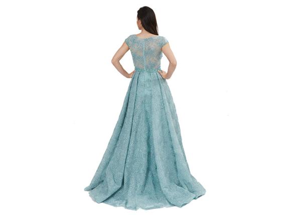 Sparkling Shiny Arabic Short Sleeve Ladies Evening Dresses Green Color Custom Size