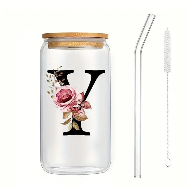 Exquisite Customized Logo 16oz Sublimation Glass Water Bottle Clear Floral Letters Coke Can Glass Cups With Bamboo Lid And Straw 8*15cm