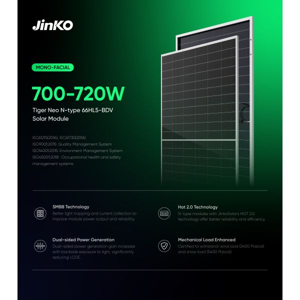 Jinko Solar Panel N Type 700W 710Watt 720 Watt N-type Technology High Power Solar Panels Module for Industrial Use