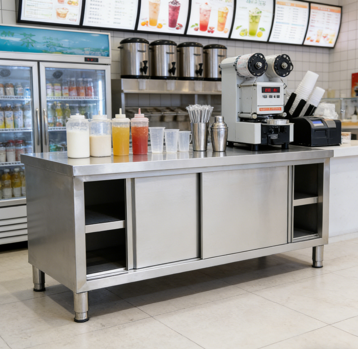 500 kg/㎡ Load Capacity Stainless Steel Workbench with Sliding Door Design for Commercial Kitchen Storage