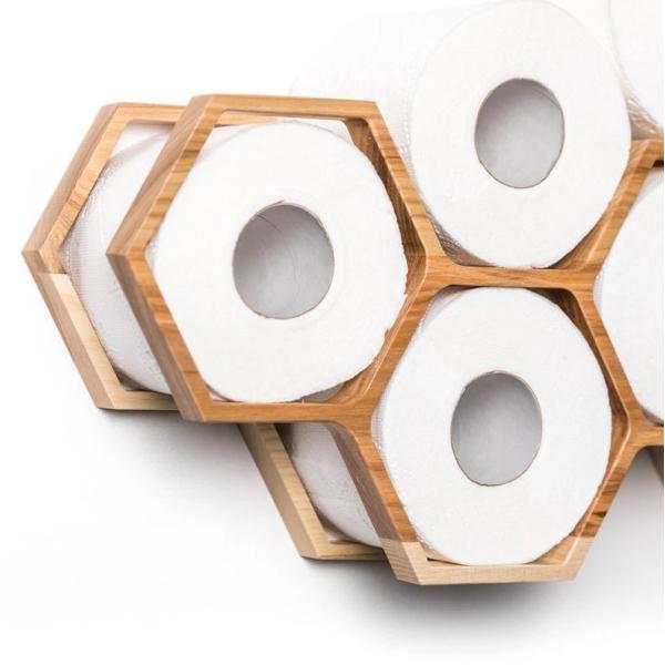 Home Furniture Wooden Honeycomb Wall Mount Toilet Paper Holder with Tissue Storage