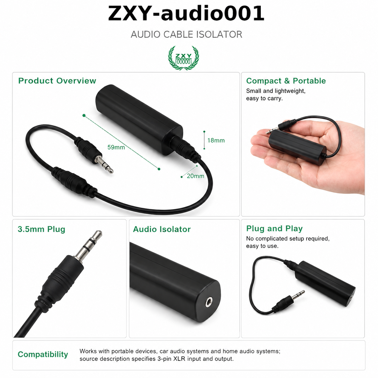 XLR Audio Ground Loop Isolator with Full-shielded Anti-interference Structure for Stereo Dual-Channel Audio Transmission to Eliminate Ground Loop Hum & Noise