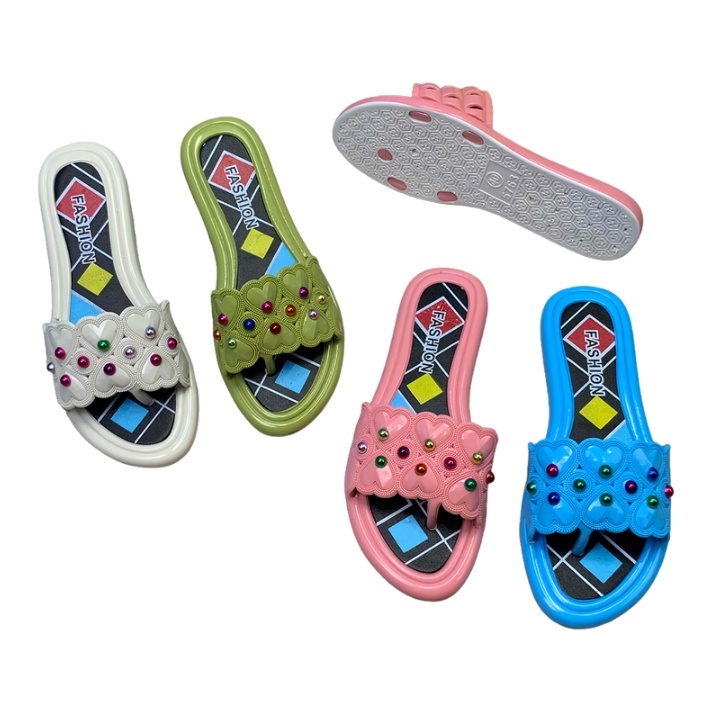 PVC Women Clover Heart Cutout Colorful Rhinestone Toe Loop Slide Sandals