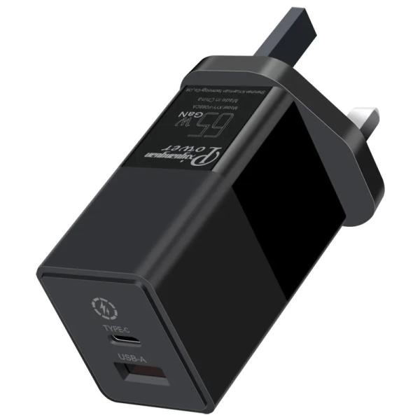 UK 2-Pin Wall Charger with USB-C and USB-A Ports, 65W Dual Port High-Speed Power Adapter for Laptop/Phone/Tablet