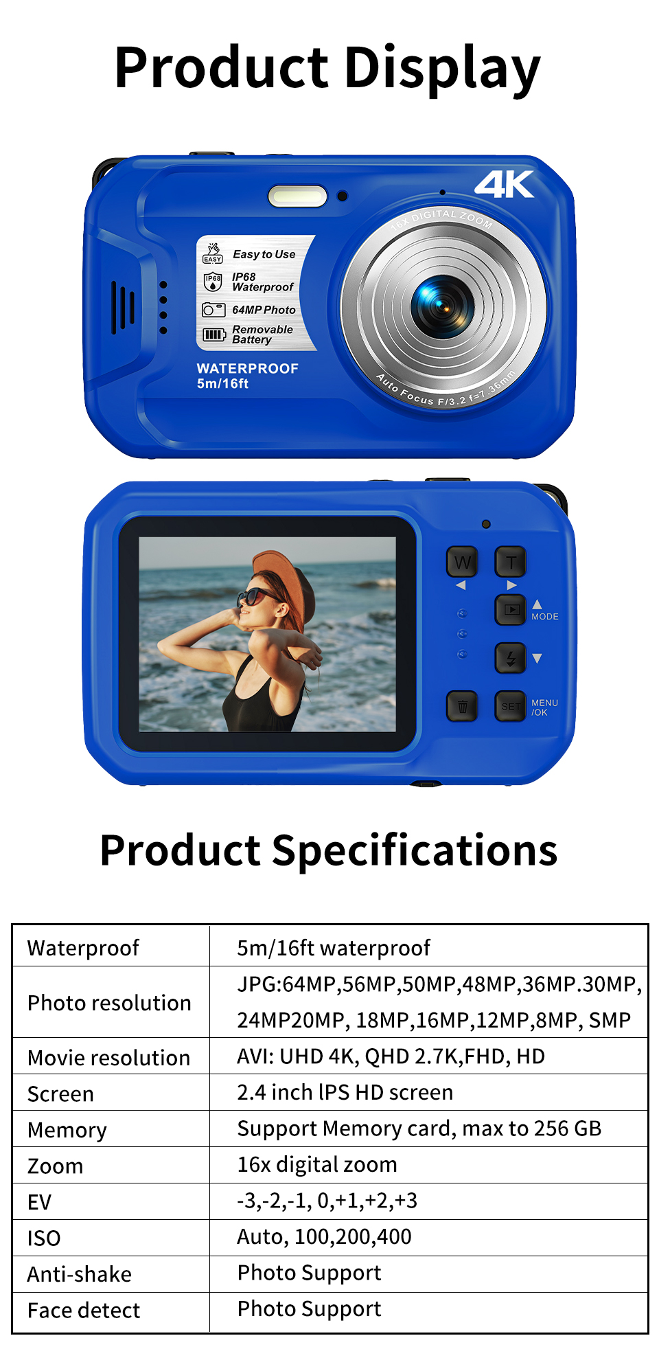 Retro Vintage  4K 64MP HD Waterproof Camera With IP68 5M Waterproof Auto Focus 16X Digital Zoom Underwater Camera for Snorkeling