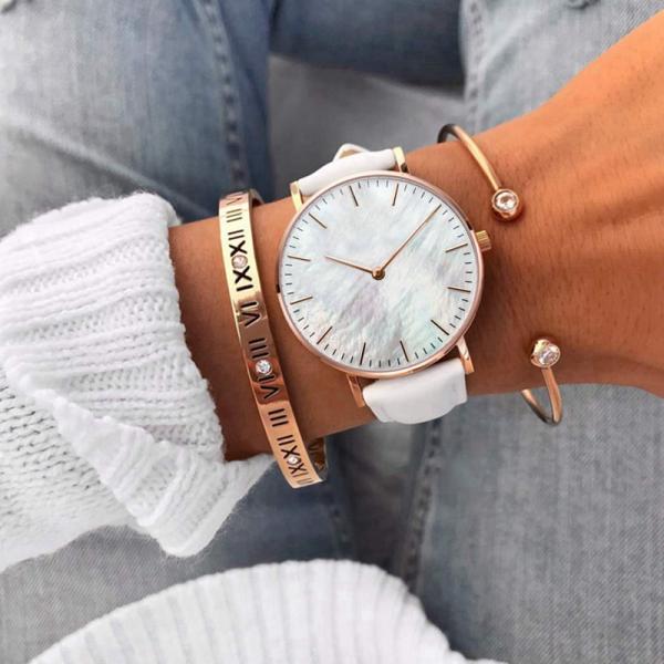 Colorful MOP Dial Leather Strap Quartz Watch Womens Ultra Thin Design Case