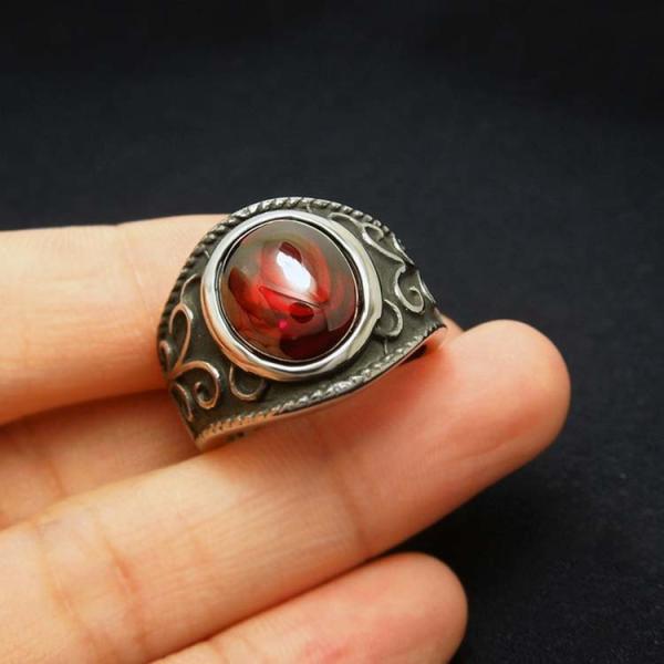 Men's Titanium Stainless Steel Vintage Ring with Red Cubic Zirconia (SA704)