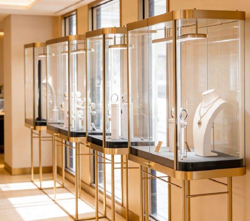Luxury Freestanding Gold Jewelry Display Cabinet LED Lighting Customizable Design for Commercial Jewelry Store Displays Malls