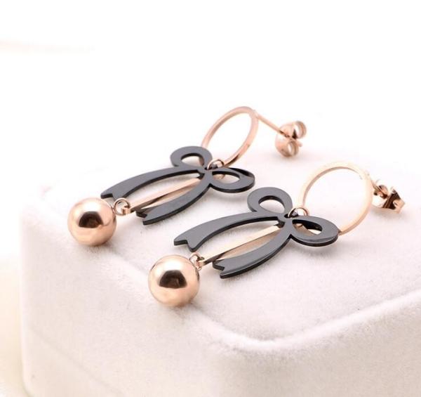 Rose Gold Plated Plain Ribbon Bow Tassel Stud Earrings  Women Fashion Jewelry , Bow Knot Pendant Chain Drop Hook Earring