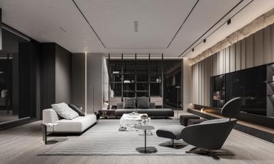 Tailored Wood Veneer TV Cabinet With Black Storage Cabinet And Showcase