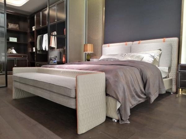 Villa home upholstered headboard king size bed in light luxury fabric with Lounge bench by Customized furniture factory