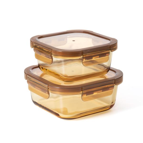 Amber Color Glass Food Storage Containers Set Stackable With 4 Lock PP Lid