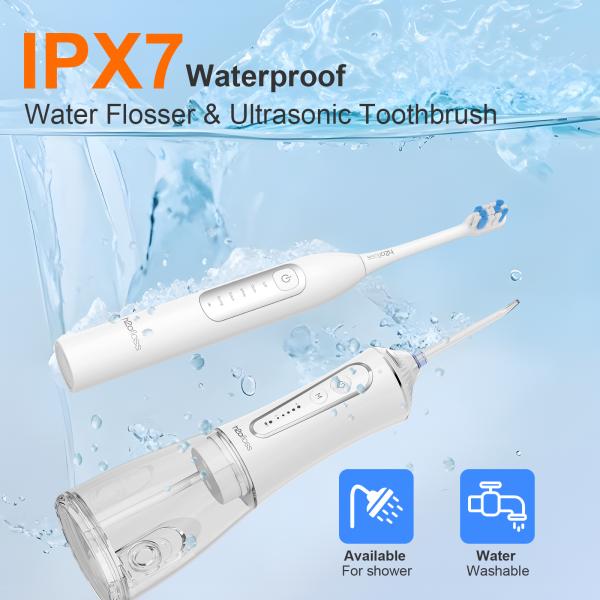 2 in 1 Electric Sonic Toothbrush Oral Irrigator Dental Flosser Combo with Water Tank Replace Brush Heads