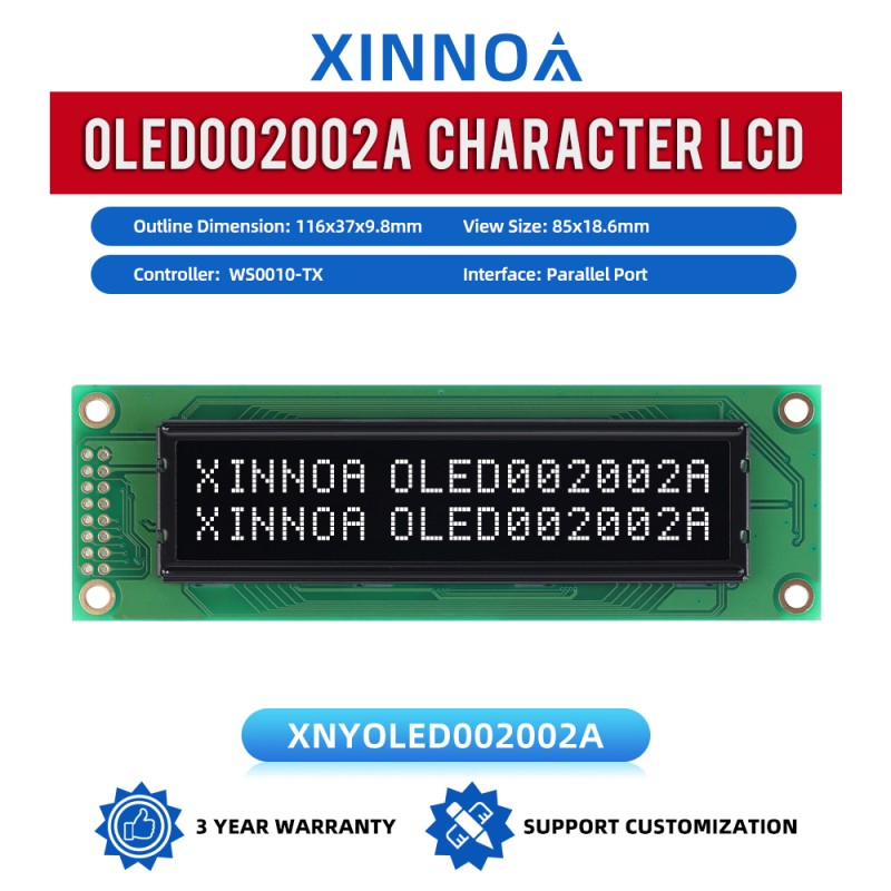 OLED002002A Character LCD Module, Black Film, Parallel Interface, 85x18.6mm View