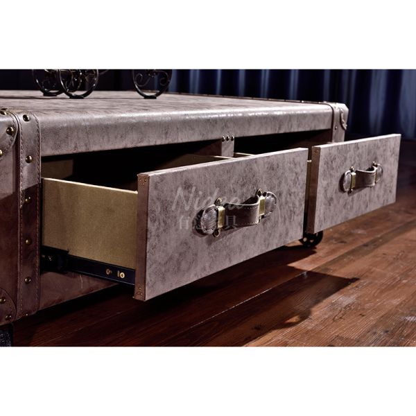 American Retro Old Leather Suitcase Double Drawer Coffee Table Cabinet Whiskey Cigar Bar Hotel