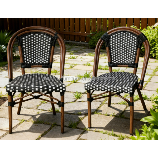 Commercial Use French Style Woven Rattan Chair Black White Checkered Patio Dining Chair for Cafe Restaurant Hotel