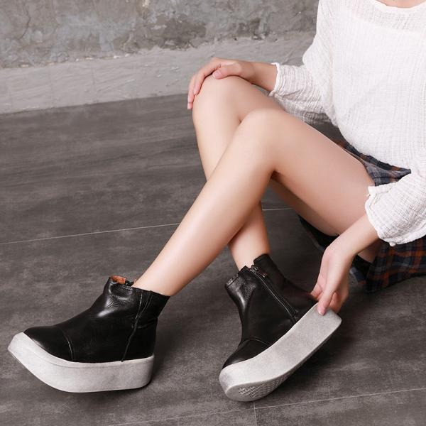 S040 Round toe retro leather women's boots fluffy flat wedge heel literary fan original handmade thick-soled women's