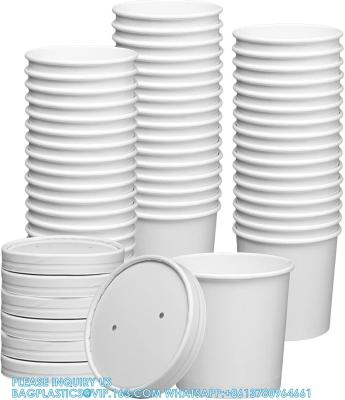 Paper Food Containers With Vented Lids, To Go Hot Soup Bowls, Disposable Ice Cream Cups, White
