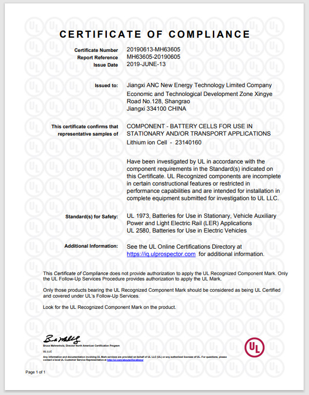 Jiangxi Anchi New Energy Technology Co.,Ltd (ANC) Сертификации