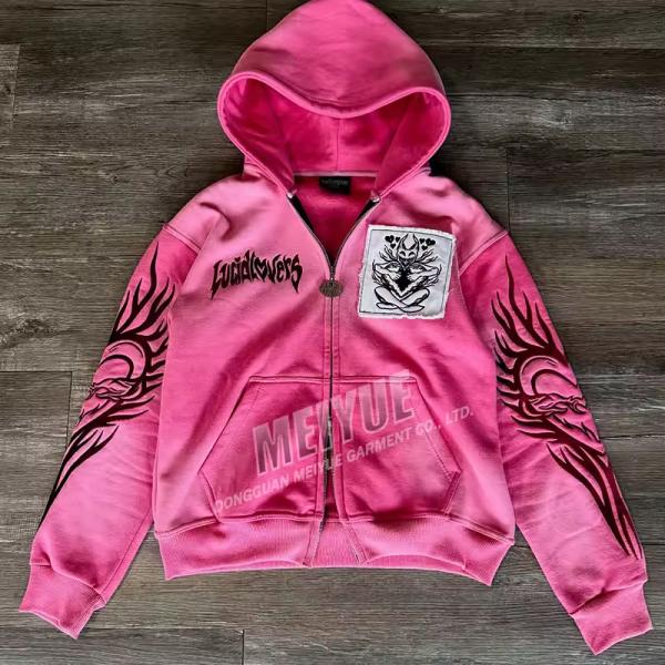 Custom Hoodie Drop Shoulder Acid Wash Vintage Distressed Embroidery Hoodie High Quality French Terry Hoodie