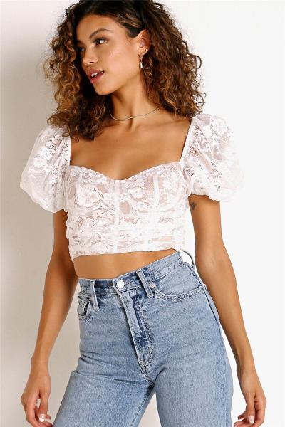 Square Neck Puff Sleeve Backless White Lace Crop Top Short Sleeve