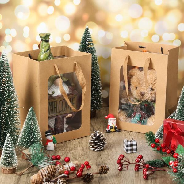 Embalaje de regalo de flores personalizado Bolsas de papel Kraft con ventana transparente y logotipo personalizado