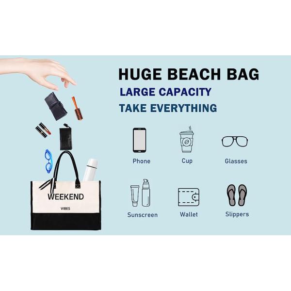 Extra Large Canvas Beach Bag With 2 Side Pockets for Beach, Travel, Cruise, Shopping, Ideal Gift for Women