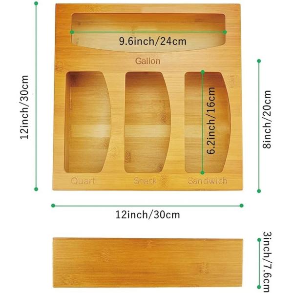 Organizador de armazenamento de sacos de ziplock de bambu personalizado com medidas de 30x30x7.6cm