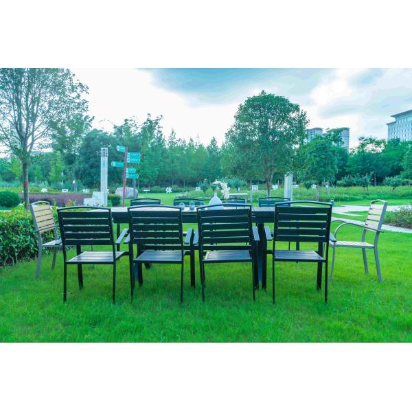 Black 11 Pieces Plastic Wood Modern Outdoor Garden Furniture Table Set 8-10 Seater Extendable Patio Dining Table Chairs
