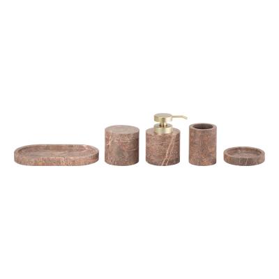 Nature Brown Marble Bathroom Set Round Marble Hand Soap Dispenser Bathroom Countertop Accessories Set